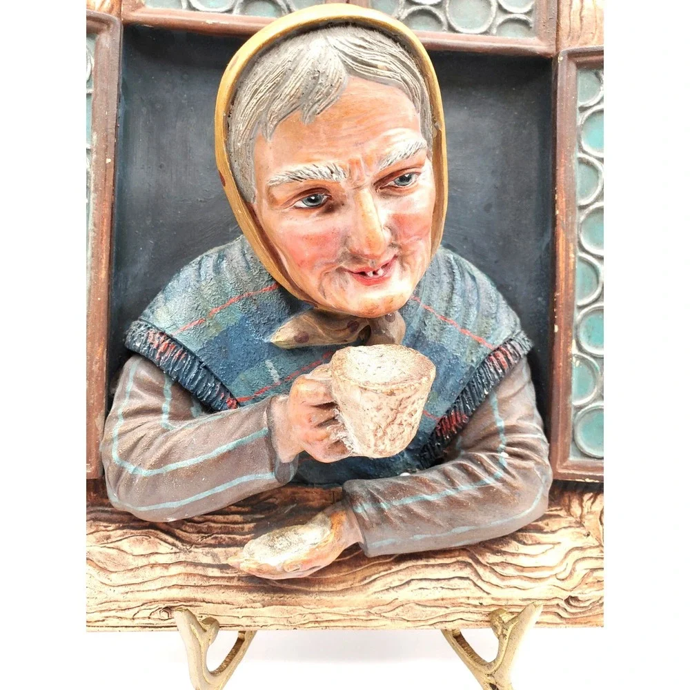 Antique Terracotta 3D Window Wall Plaque Woman Having Tea Coffee